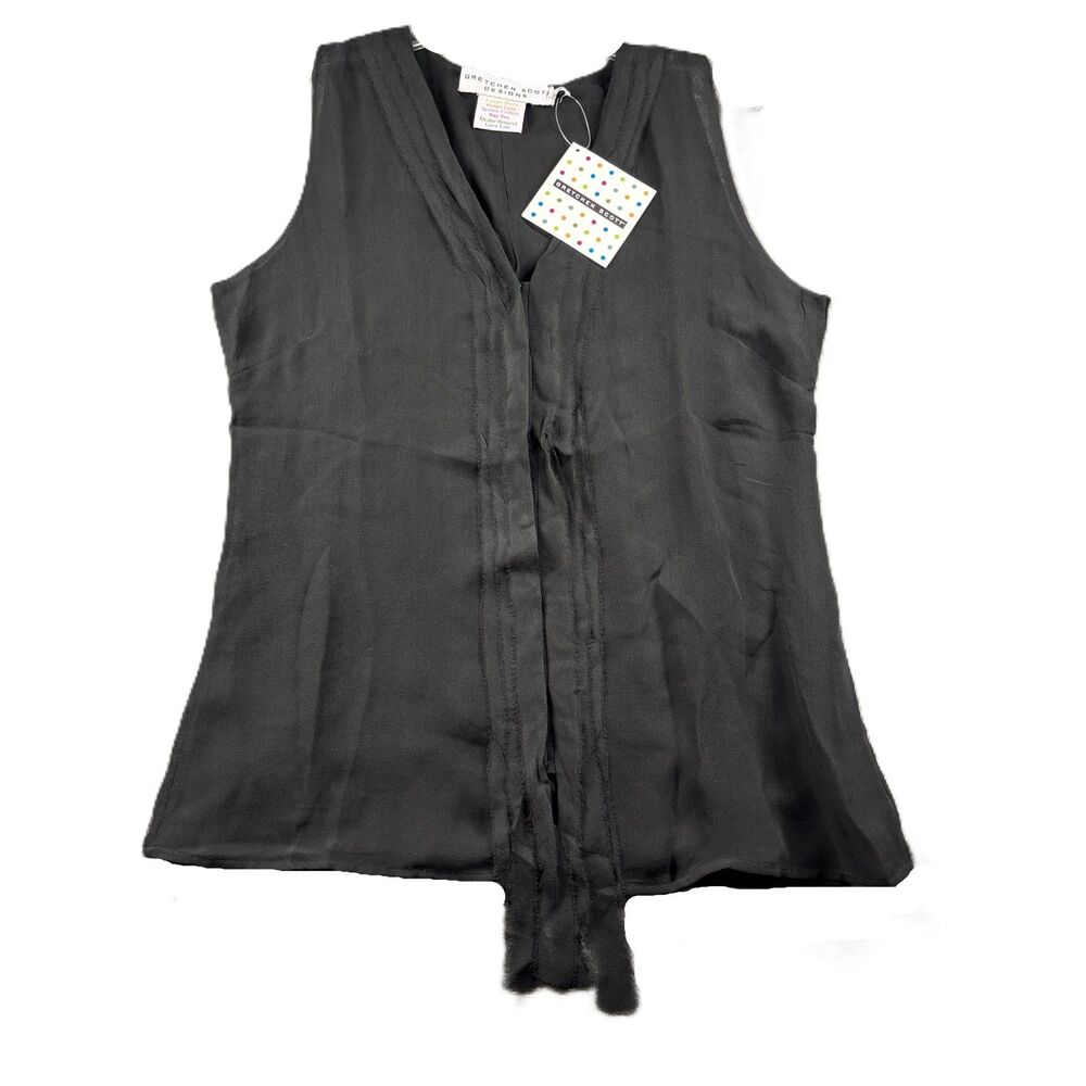 Gretchen Scott Women New Tank Top 100% Silk Sheer V-Neck Ruffle Black Large P149